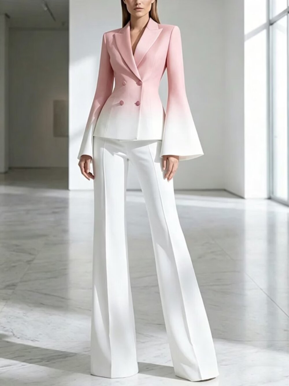 Designer Pink & White Gradient Bell Sleeve Wide Leg 2-Piece Suit-Brand NEW!